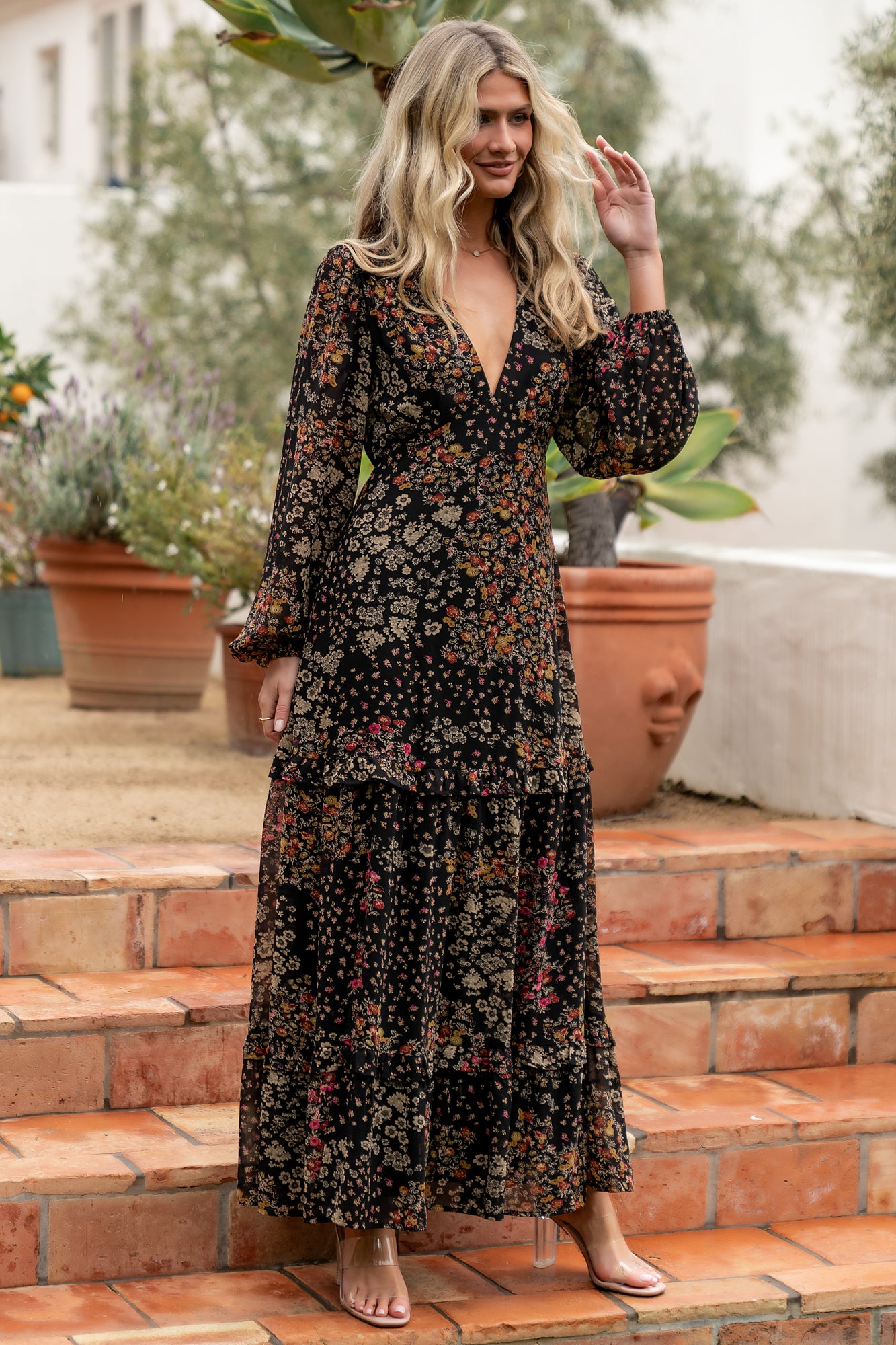 Bowman Deep V Maxi Dress | Black Multi - Image 6