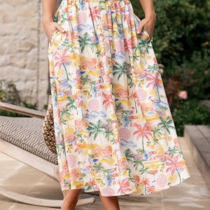 Gigi Button Midi Skirt | Off White + Multi Print