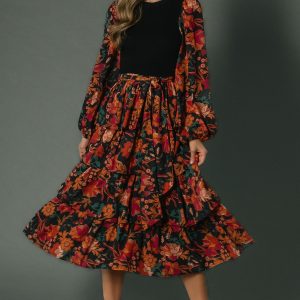 Sylvie Tiered Midi Dress | Black Multi