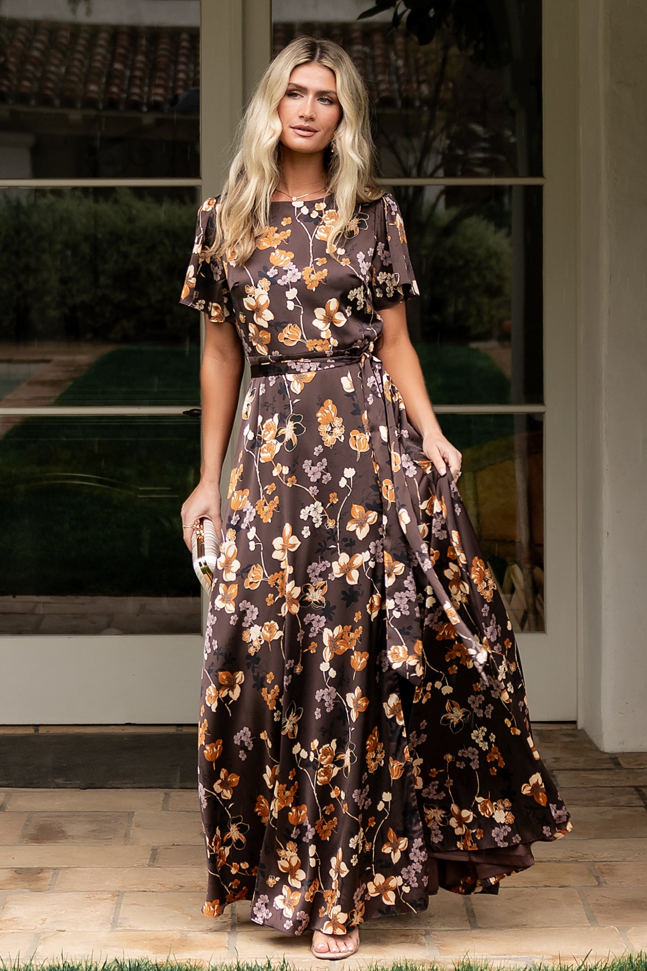 Agnes Satin Maxi Dress | Brown Floral - Image 2
