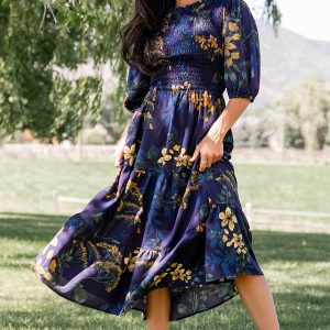 Lena Tiered Midi Dress | Navy + Gold Floral