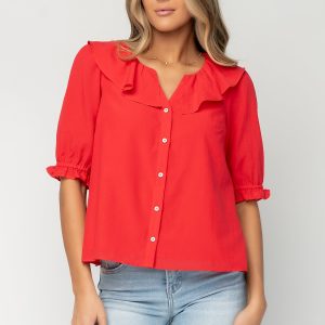 Daisy Ruffle Button Up Top | Red