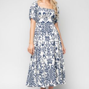 Charlotte Midi Dress | Ivory + Dark Blue