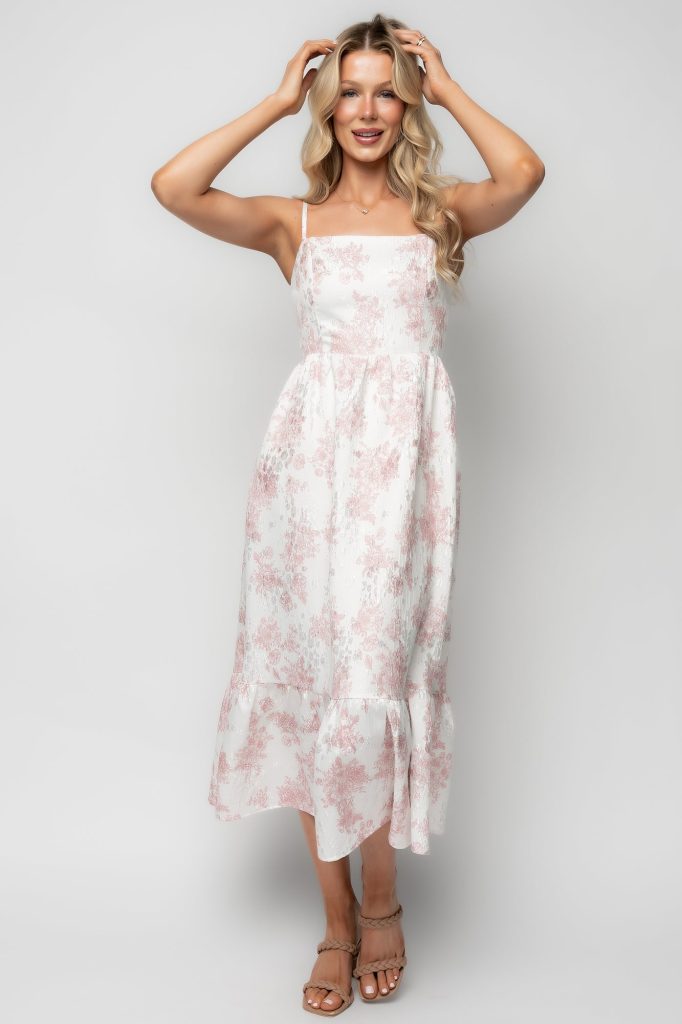 Cherie Jacquard Dress | Off White + Pink Floral