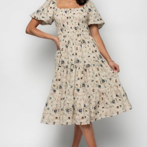 Mattea Smocked Midi Dress | Beige Floral