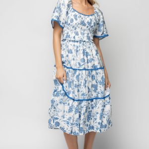 Freya Tiered Midi Dress | White + Blue