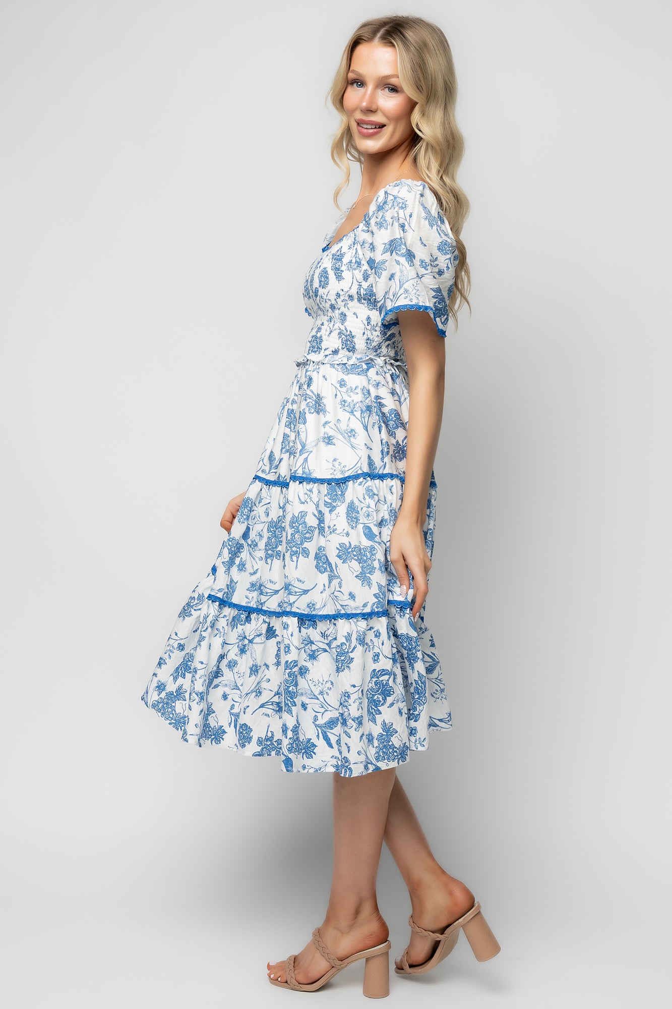 Freya Tiered Midi Dress | White + Blue - Image 4