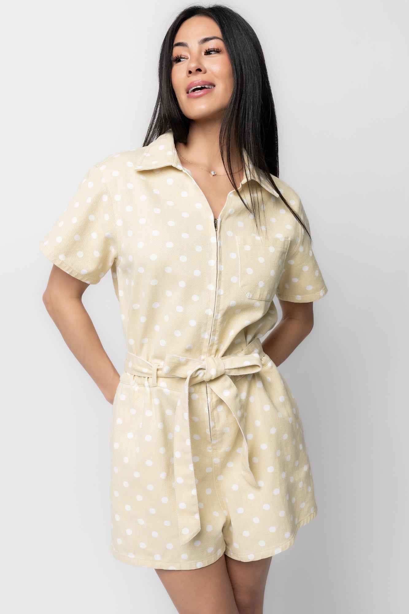 Korra Zip Up Romper | Light Yellow + White - Image 6