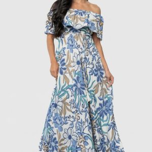 Valentina Off Shoulder Maxi Dress | Cream + Blue Multi