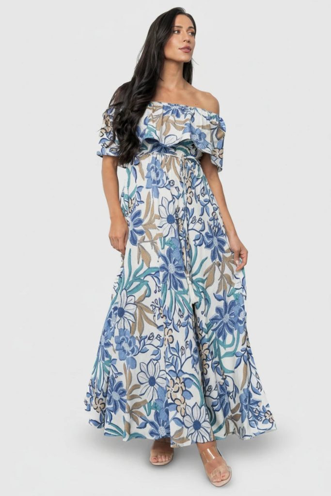 Valentina Off Shoulder Maxi Dress | Cream + Blue Multi