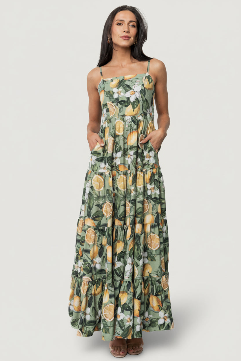 Silvia Tiered Maxi Dress | Sage Lemon Print
