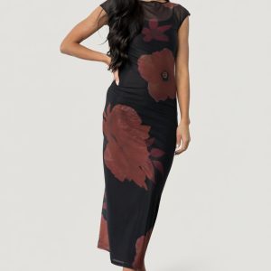 Daniela Mesh Midi Dress | Black Floral