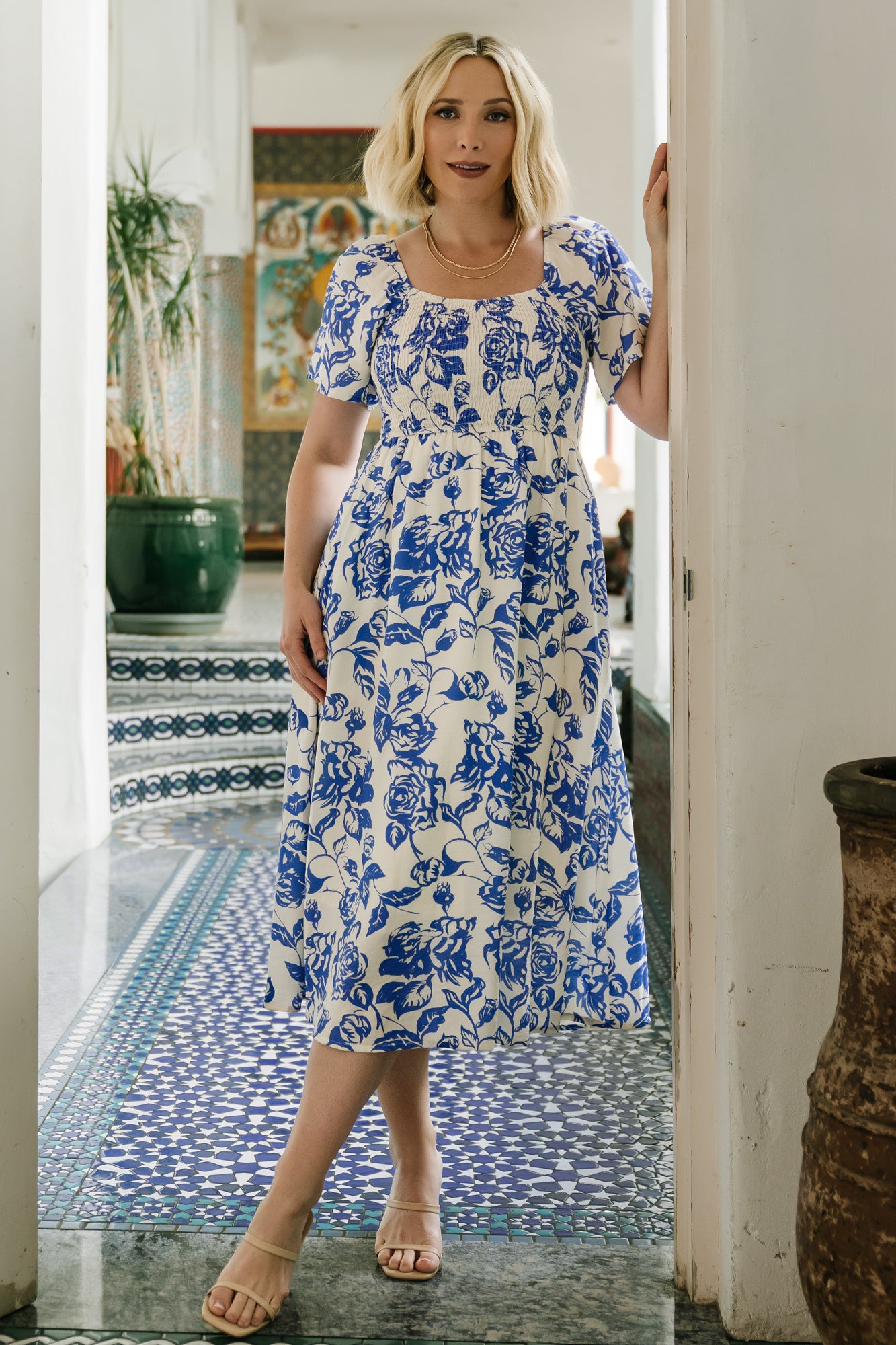 Dolores Smocked Midi Dress | Ivory + Blue Floral - Image 2