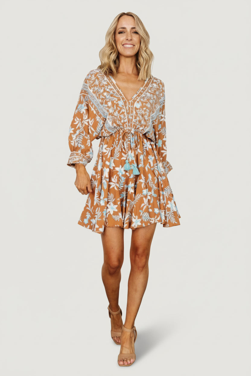 Adria Mini Dress | Camel + Blue