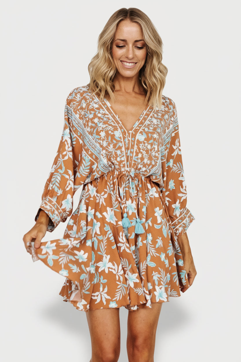 Adria Mini Dress | Camel + Blue - Image 4