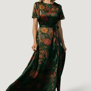 Agnes Satin Maxi Dress | Dark Green Floral