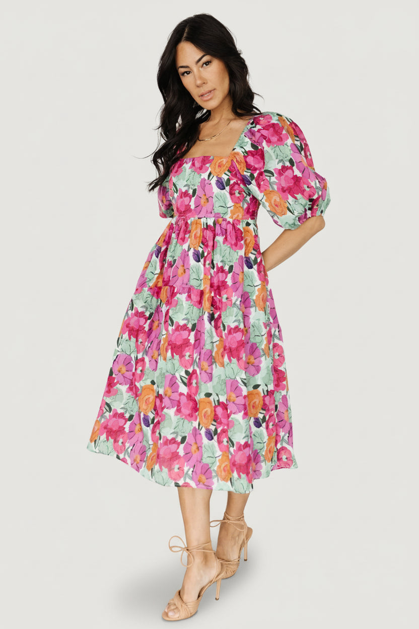 Aimee Puff Sleeve Midi Dress | Pink Multi - Image 3