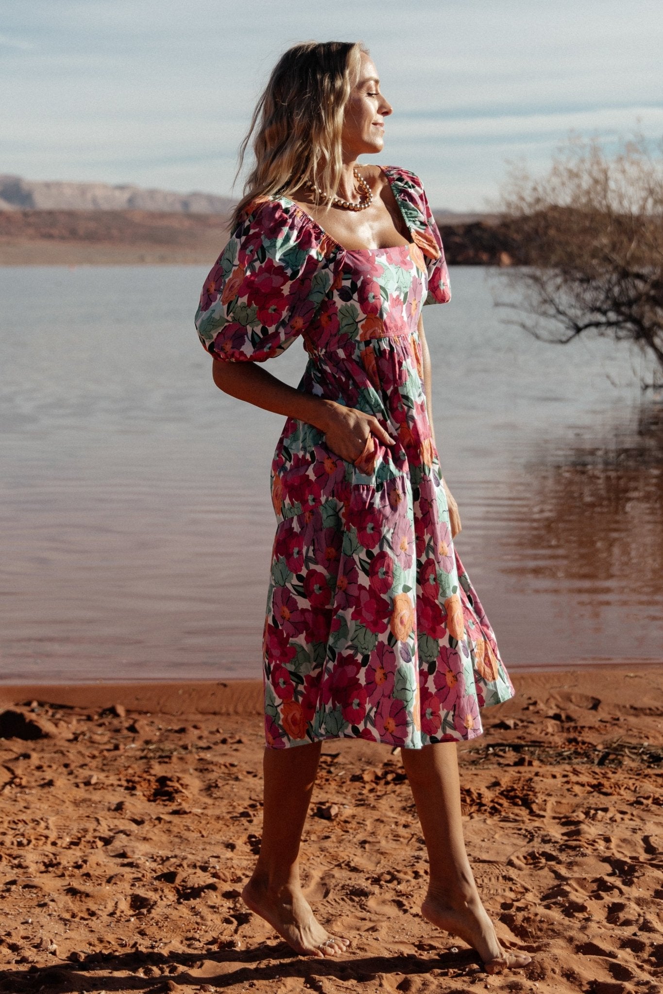 Aimee Puff Sleeve Midi Dress | Pink Multi - Image 8