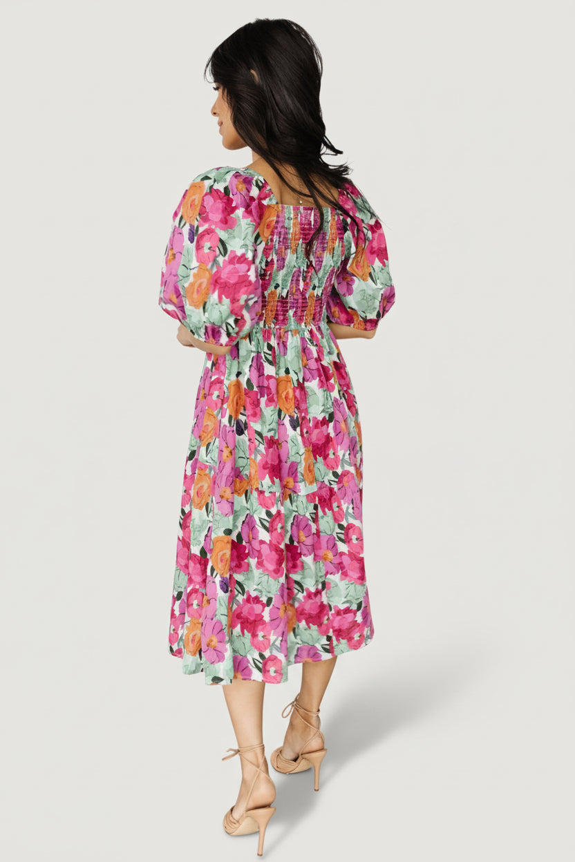 Aimee Puff Sleeve Midi Dress | Pink Multi - Image 6