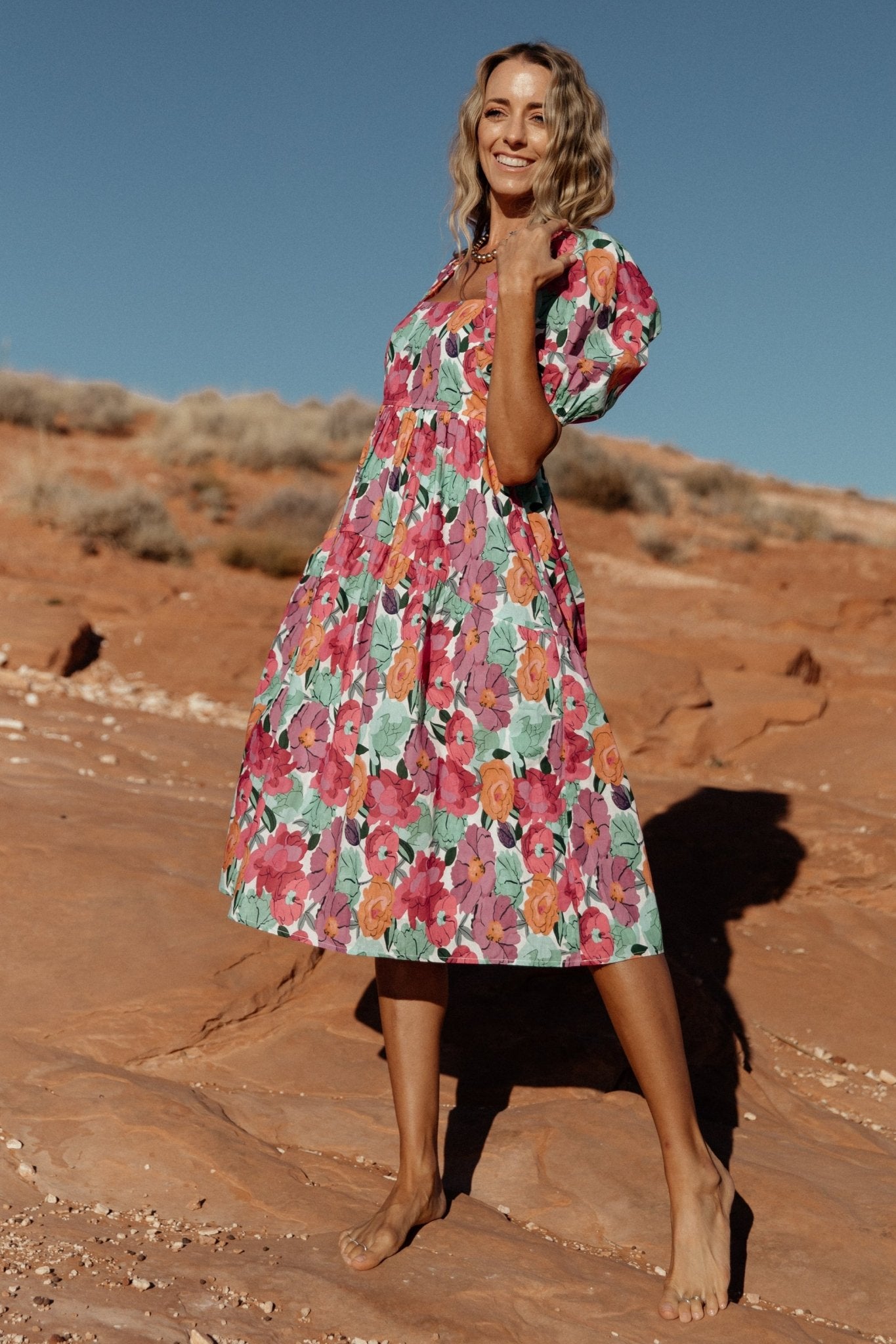 Aimee Puff Sleeve Midi Dress | Pink Multi - Image 2