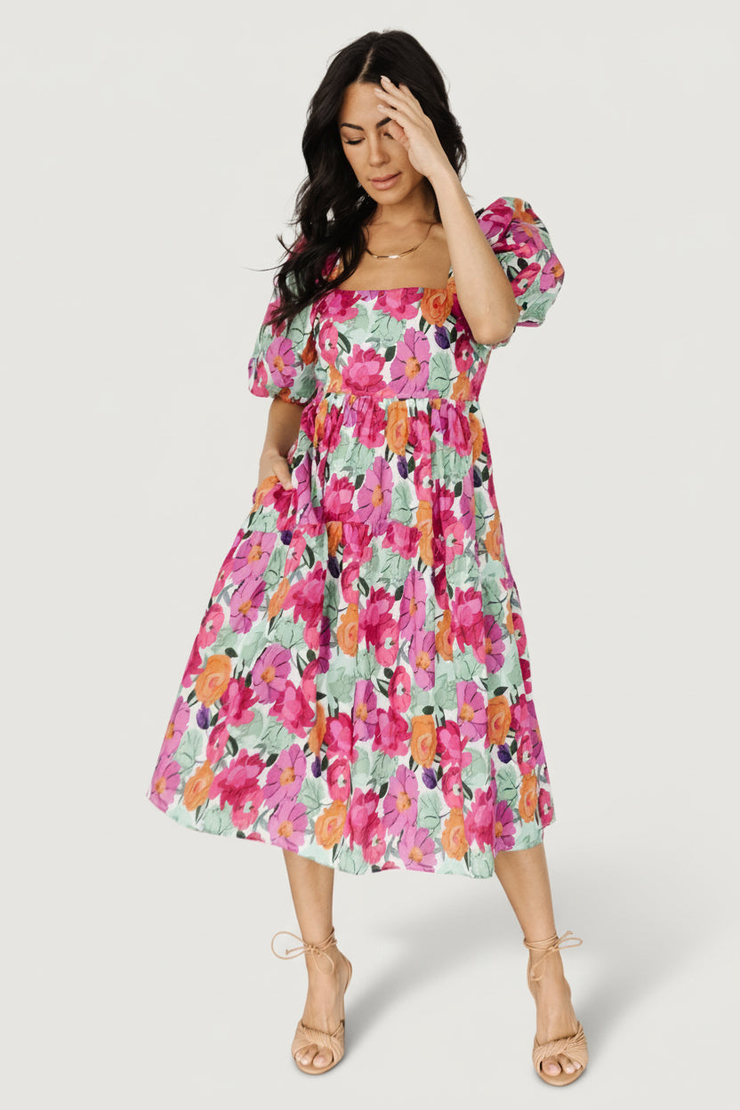 Aimee Puff Sleeve Midi Dress | Pink Multi - Image 7