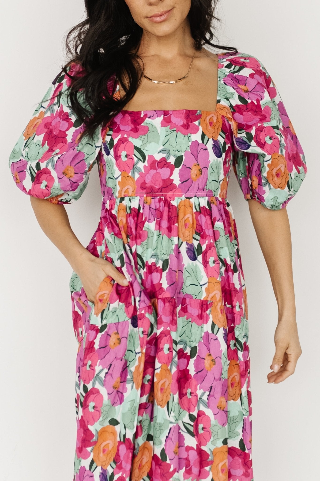 Aimee Puff Sleeve Midi Dress | Pink Multi - Image 5