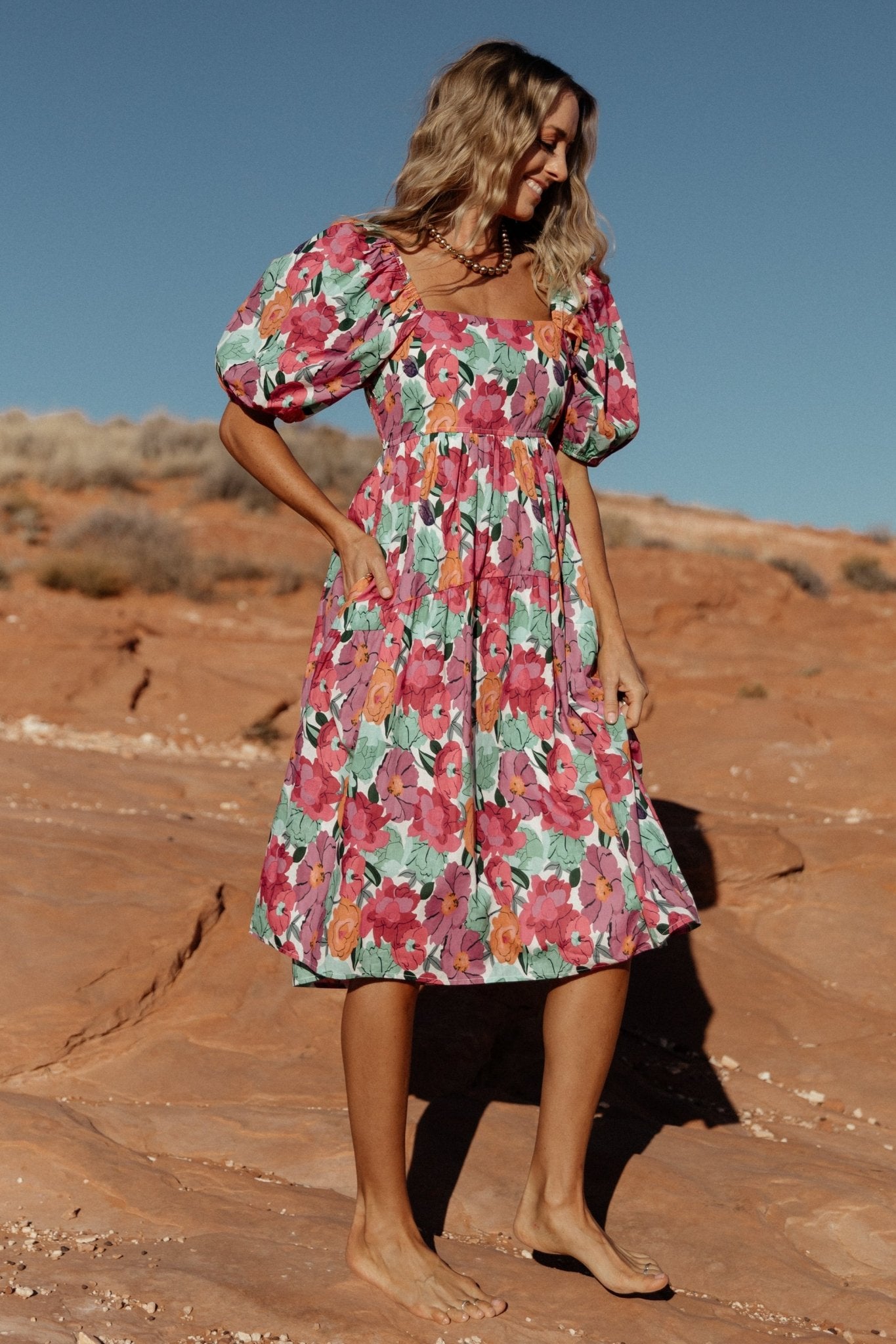 Aimee Puff Sleeve Midi Dress | Pink Multi - Image 4