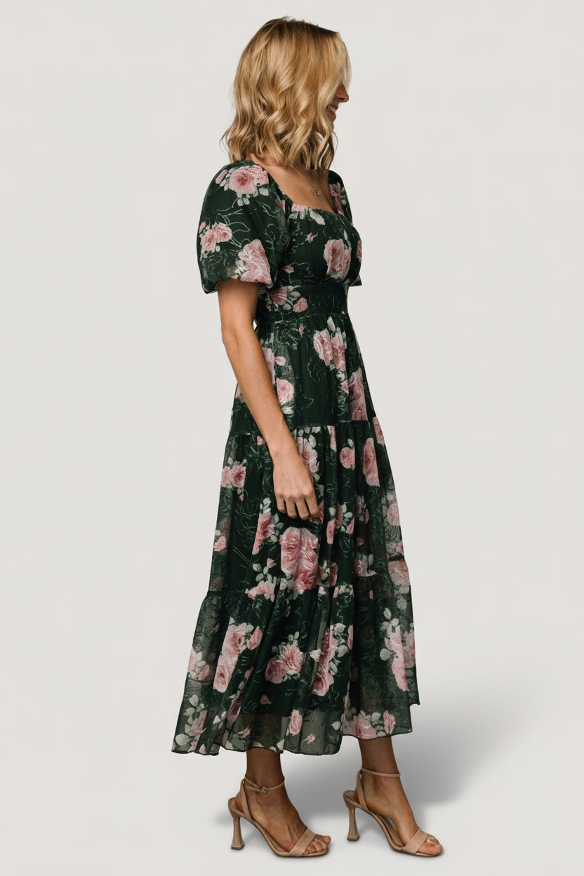 Annabeth Midi Dress | Dark Green + Pink - Image 4