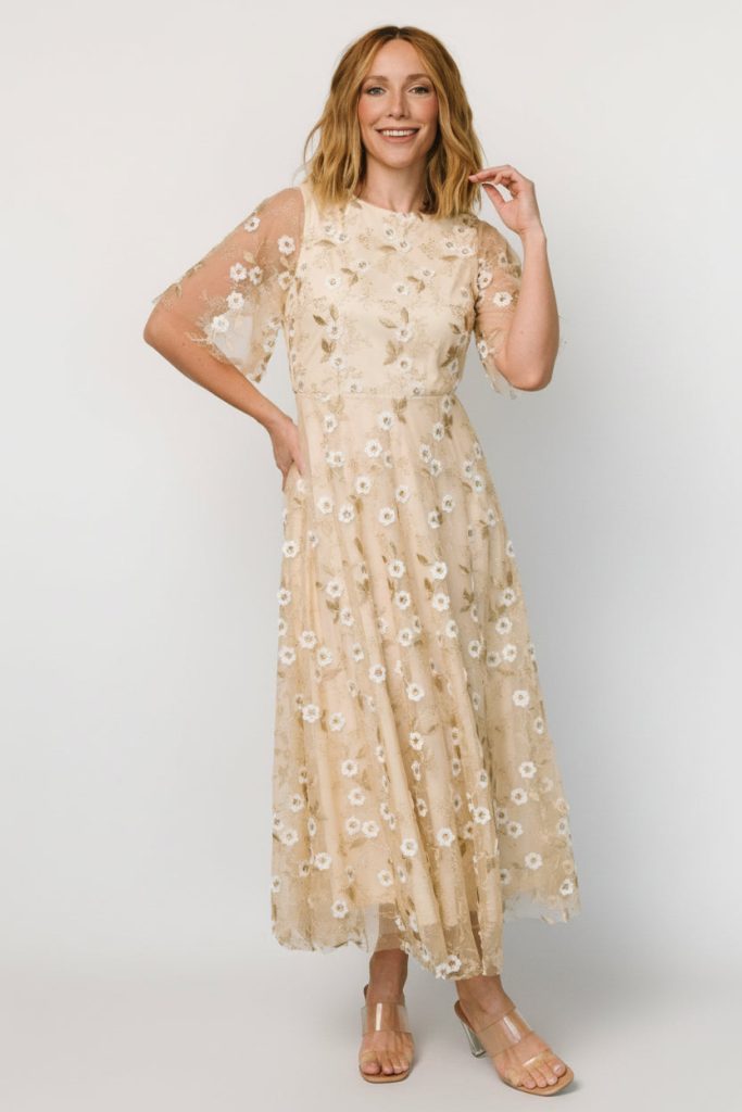 Arabella Embroidered Tulle Maxi Dress | Gold + White