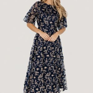 Arabella Embroidered Tulle Maxi Dress | Navy + Gold