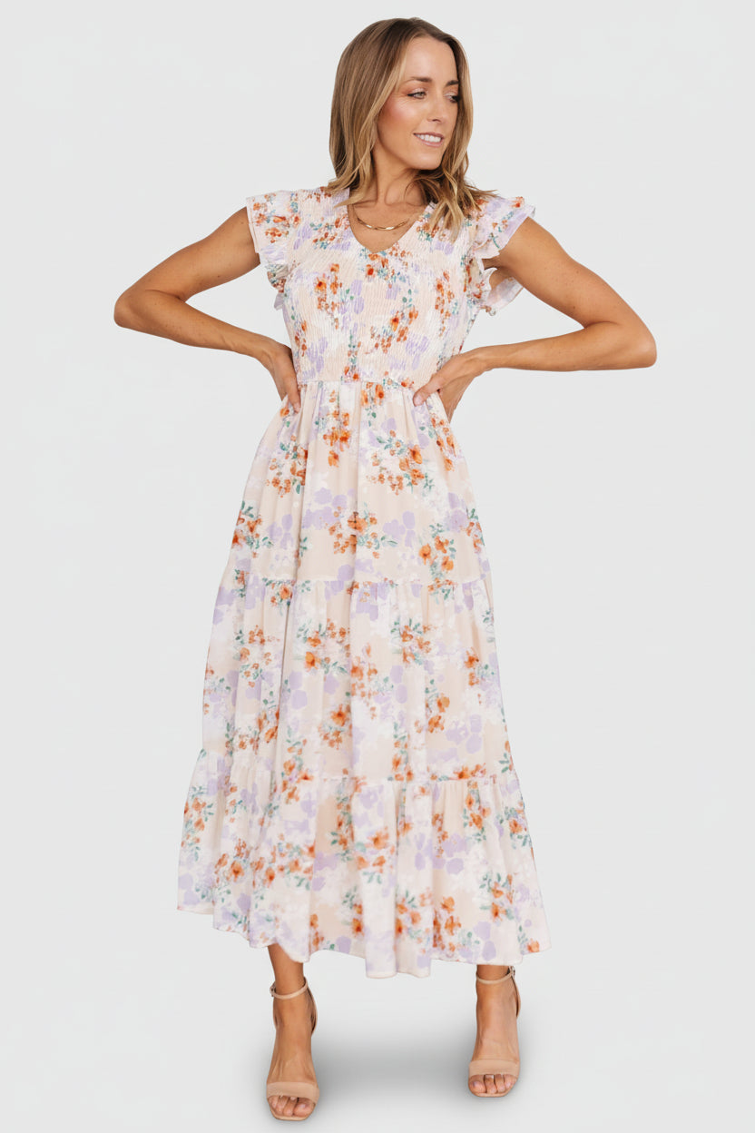 Arla Smocked Maxi Dress | Cream Floral - Image 3