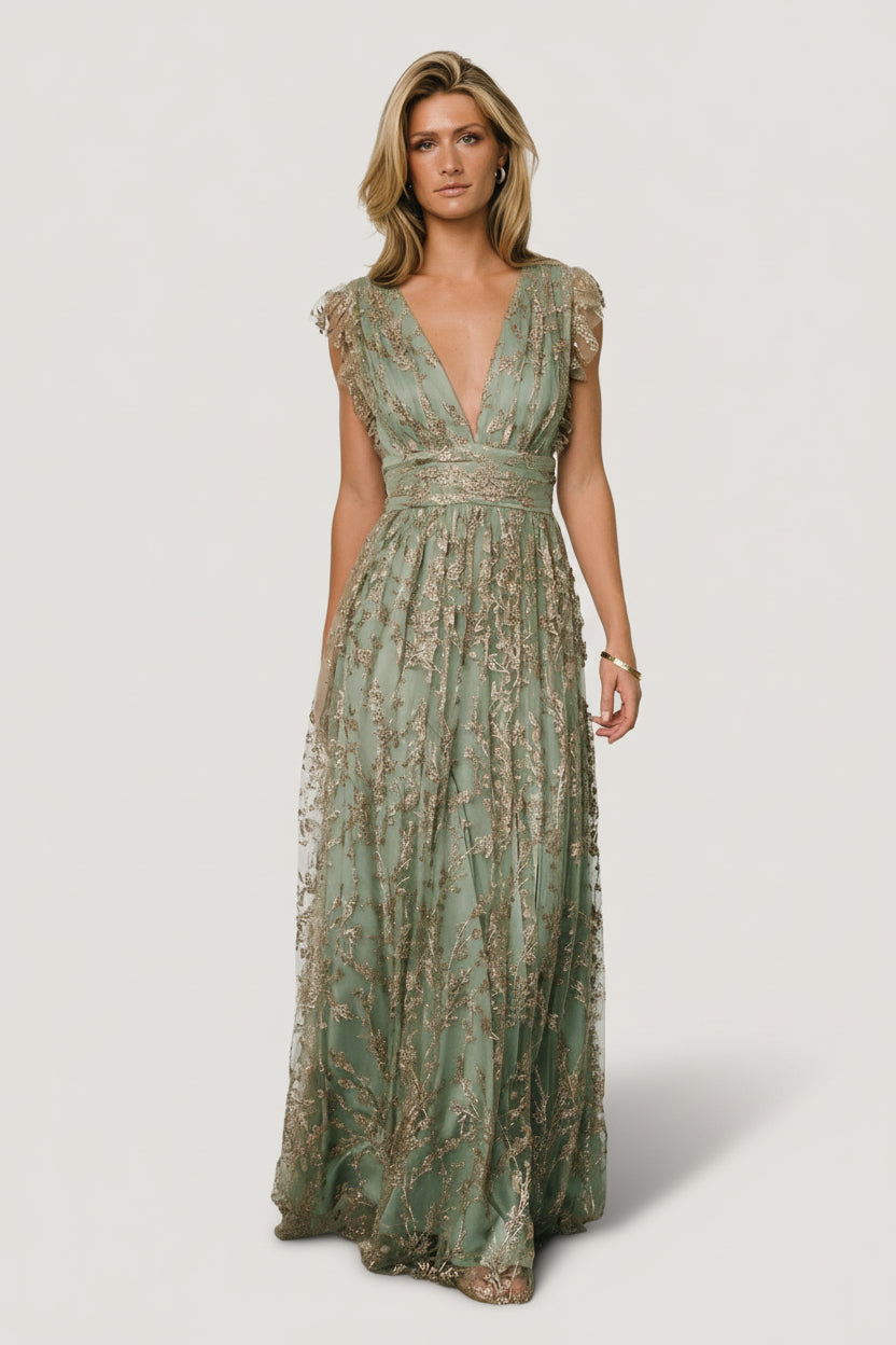 Arlene Shimmer Gown | Sage + Gold