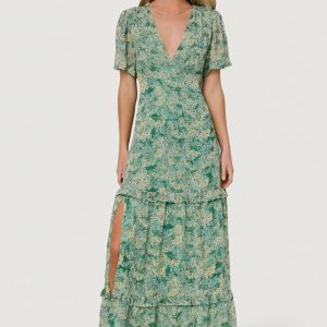 Audrey Deep V Maxi Dress | Green Floral