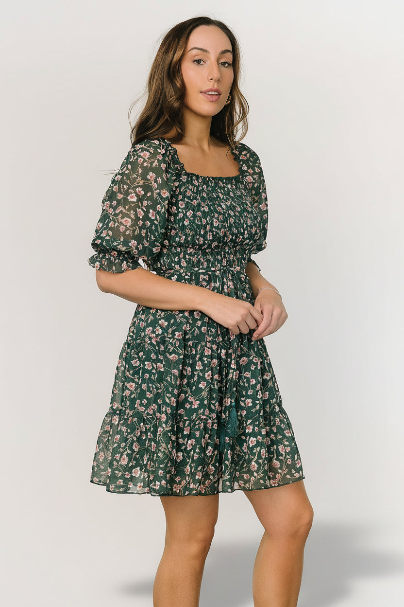 Azlyn Smocked Short Dress | Green + Pink Floral - Image 3