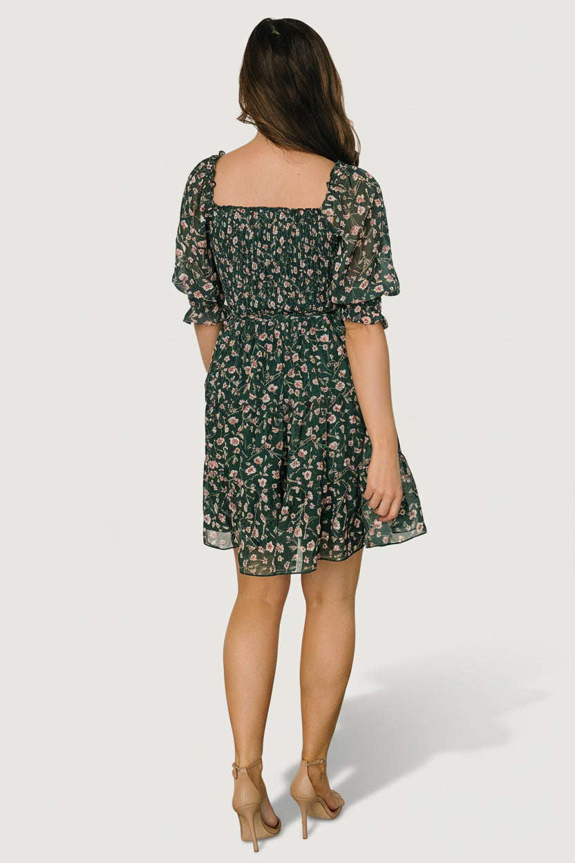 Azlyn Smocked Short Dress | Green + Pink Floral - Image 4