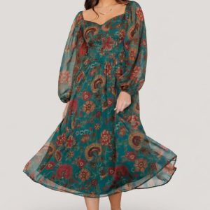 Babette Basque Waist Dress | Teal Multi Floral