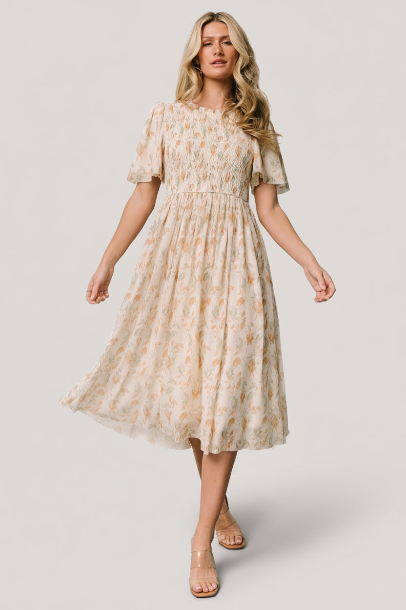 Bailey Smocked Midi Dress | Ivory + Golden Floral