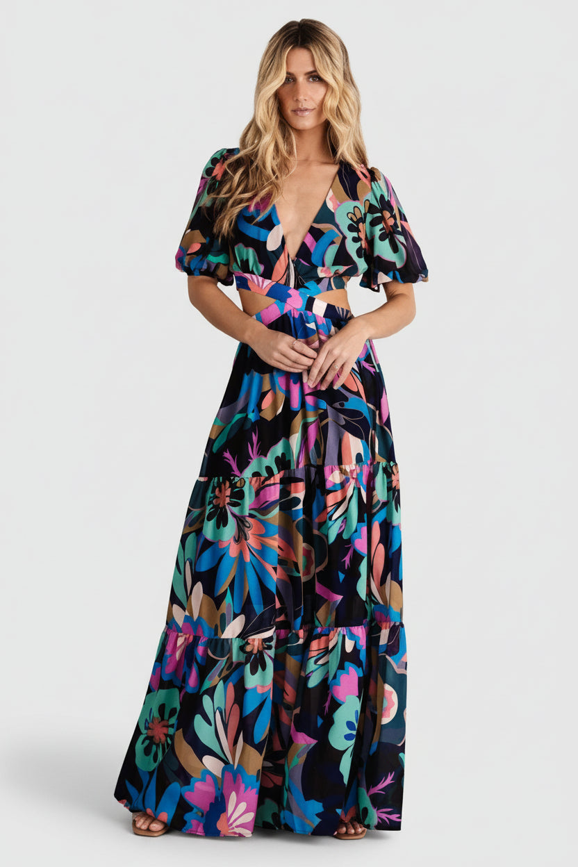 Bastina Open Back Maxi Dress | Black Print