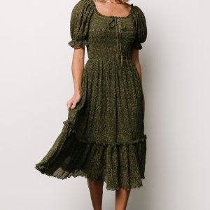 Beatrice Smocked Midi Dress | Olive Floral