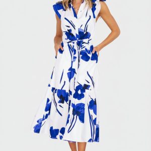 Blakely Button Dress | White + Cobalt