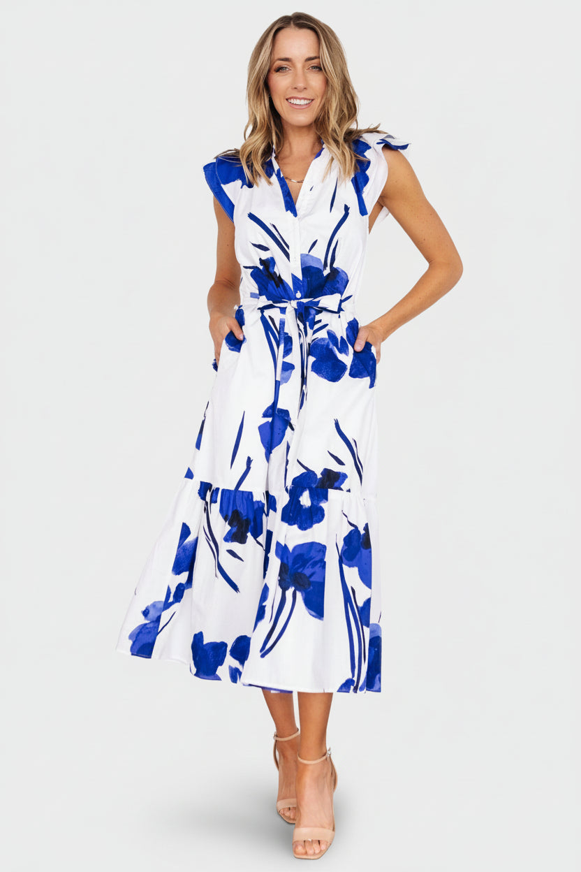 Blakely Button Dress | White + Cobalt