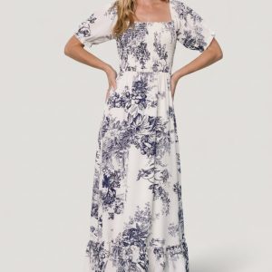 Capri Smocked Maxi Dress | Ivory + Blue Floral