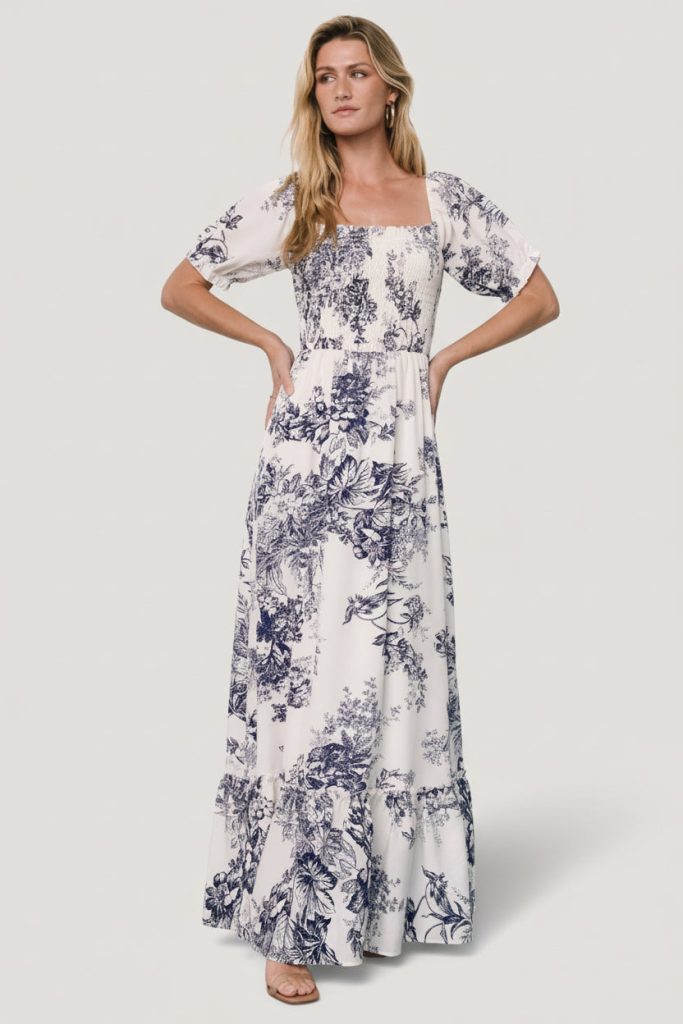 Capri Smocked Maxi Dress | Ivory + Blue Floral