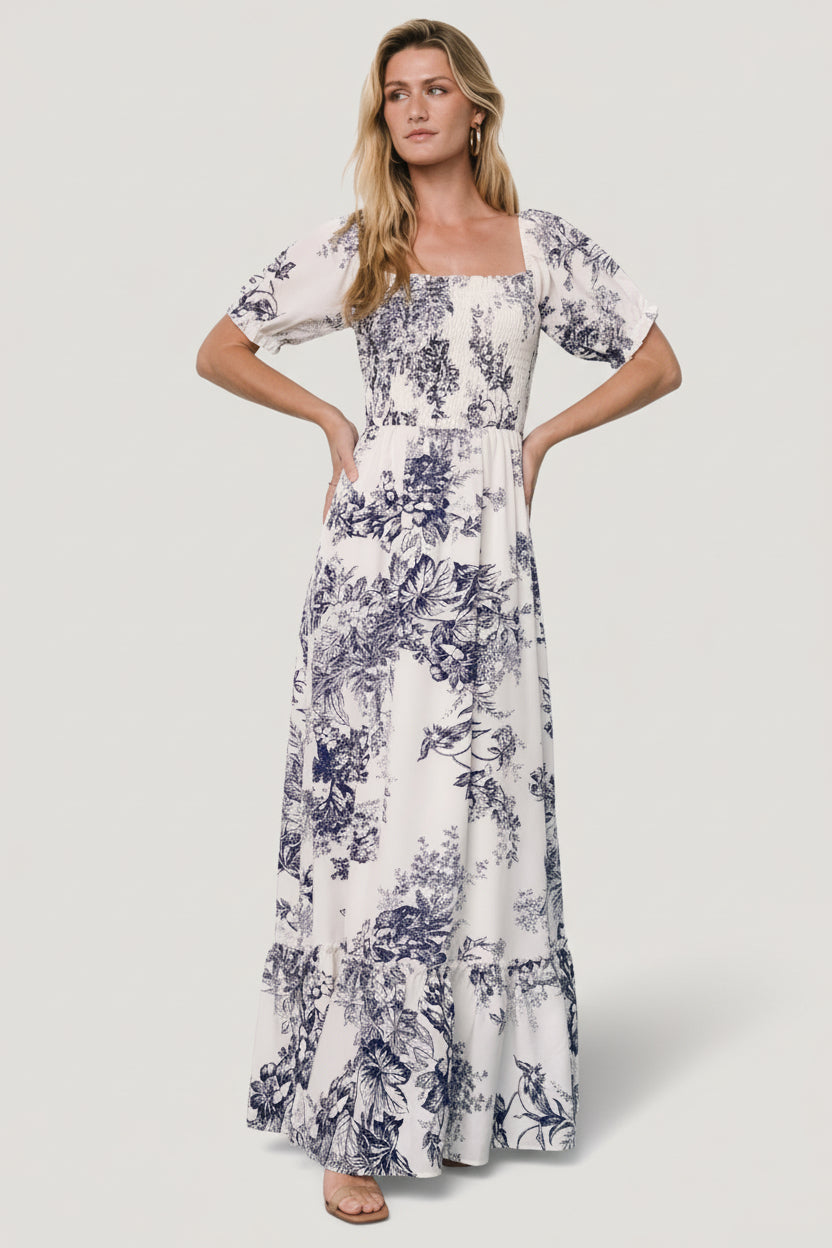 Capri Smocked Maxi Dress | Ivory + Blue Floral
