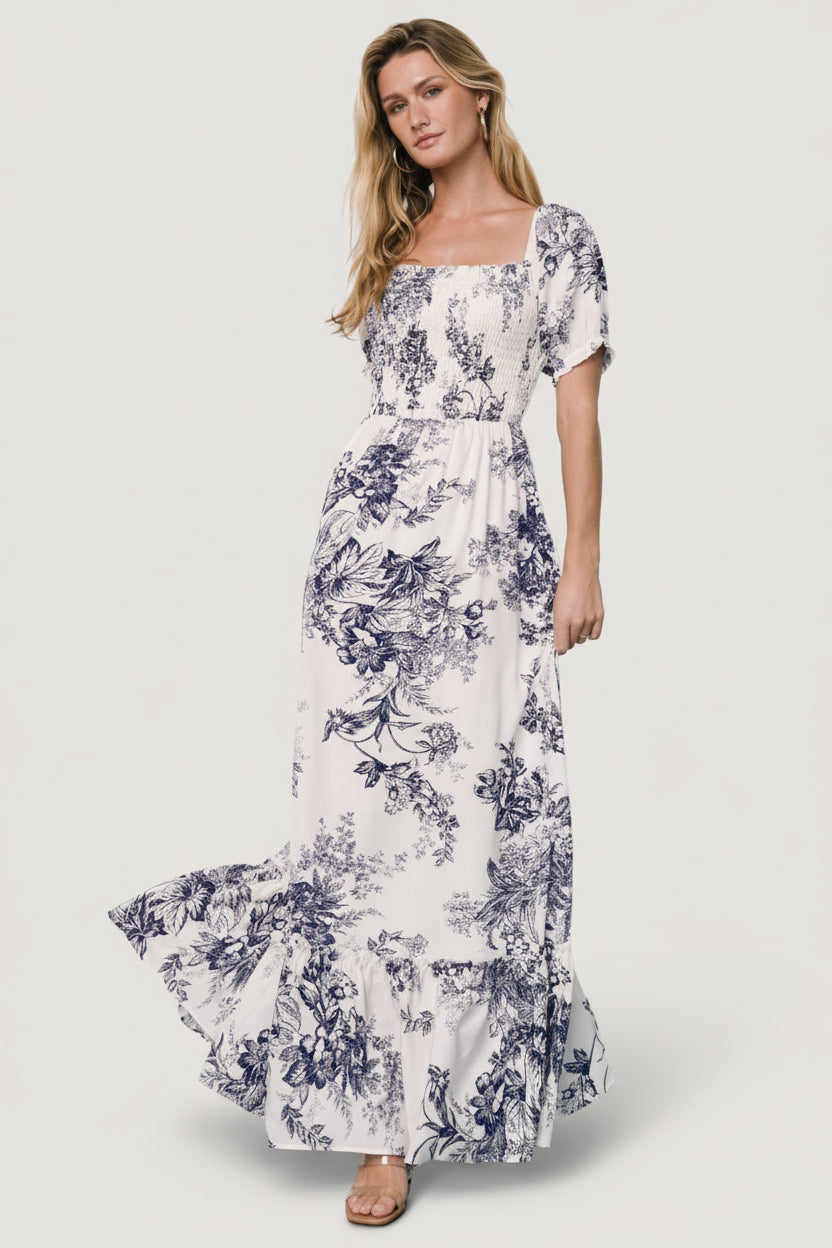 Capri Smocked Maxi Dress | Ivory + Blue Floral - Image 3
