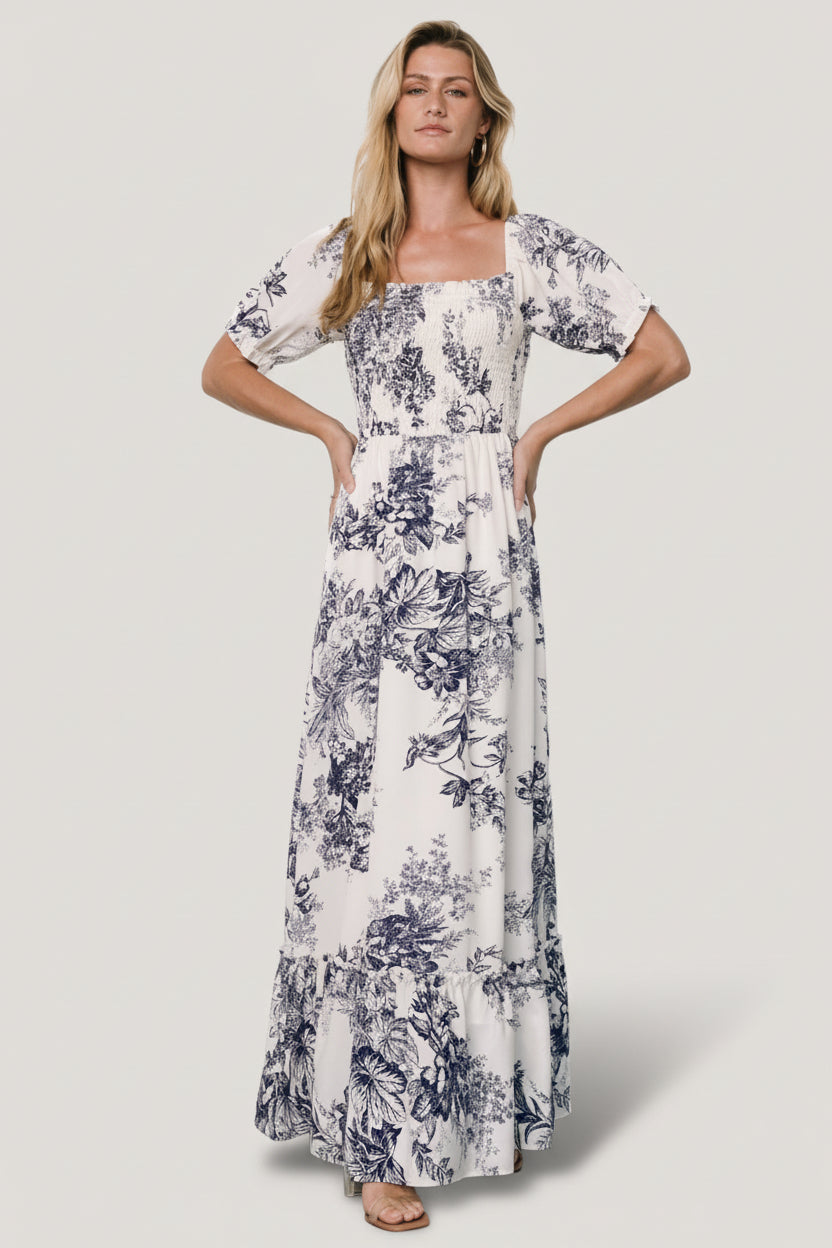 Capri Smocked Maxi Dress | Ivory + Blue Floral - Image 5