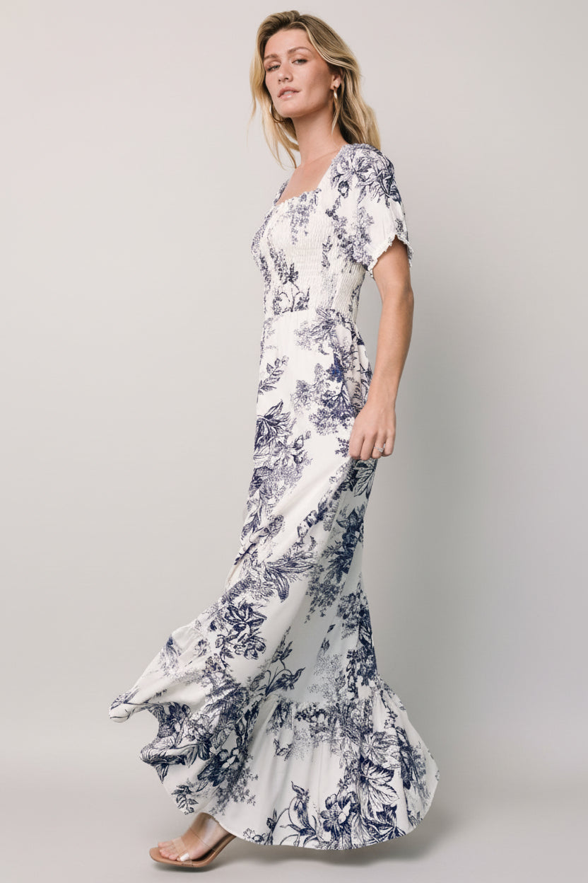Capri Smocked Maxi Dress | Ivory + Blue Floral - Image 6