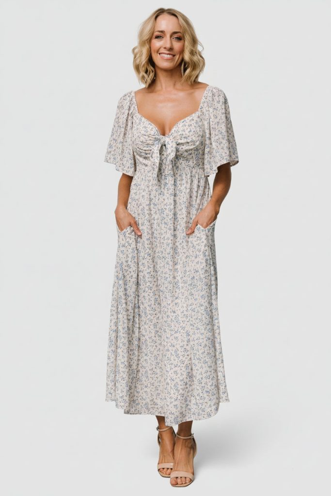 Carah Tie Dress | Off White + Blue Floral