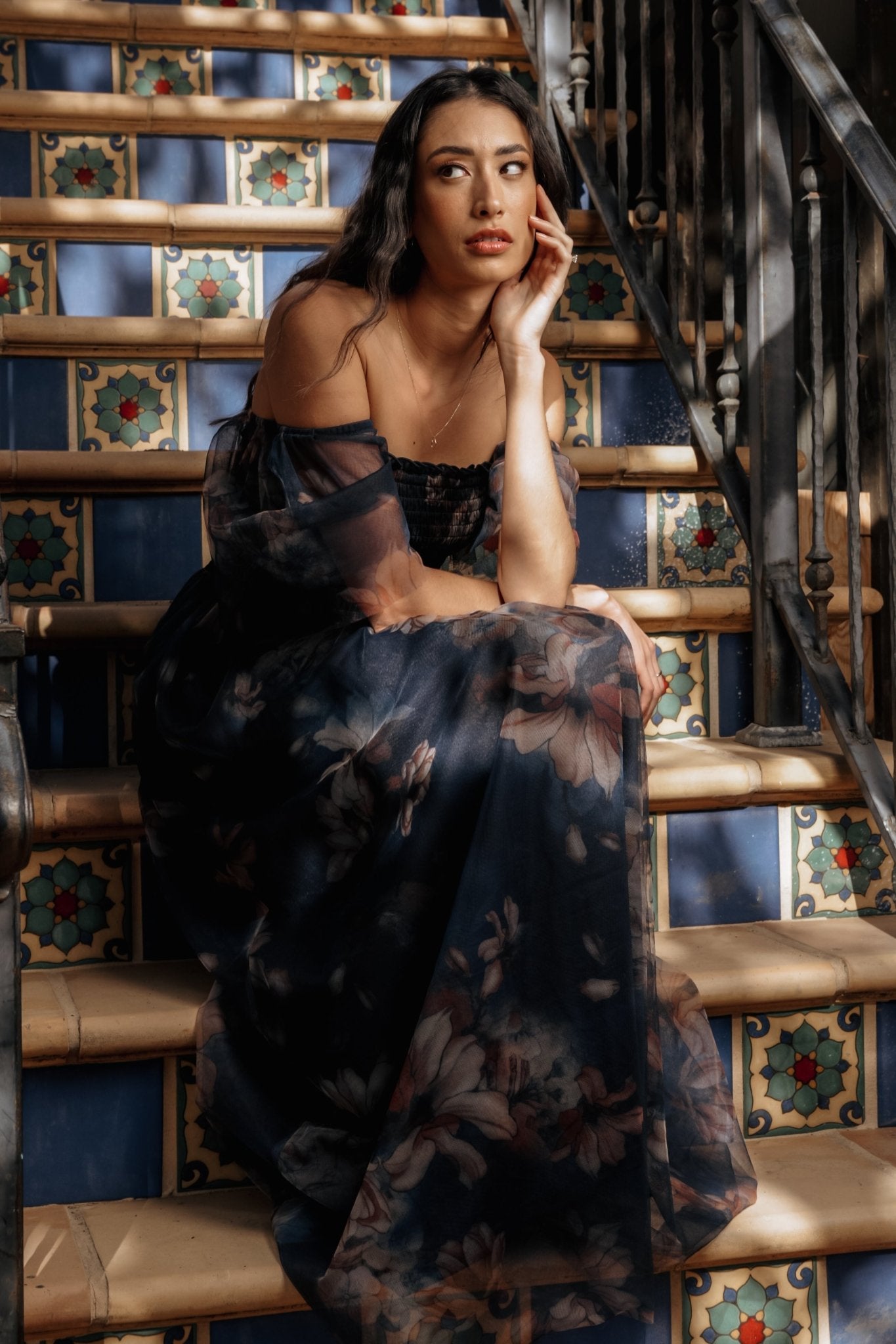 Cassandra Tulle Maxi Dress | Dark Blue Floral - Image 4