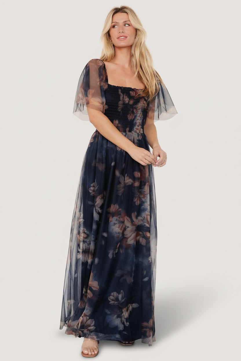 Cassandra Tulle Maxi Dress | Dark Blue Floral - Image 14